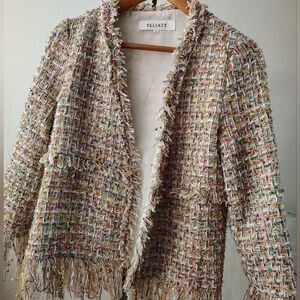 Elliatt Lillian jacket in multicolor tweed with fringe trim Small Blazer